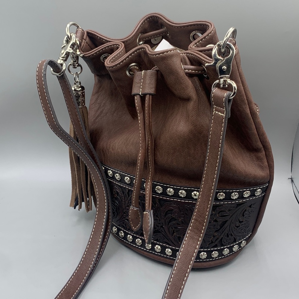 Blazin Roxx Western Bucket Bag Brown Drawstring Closure Tooled Studs